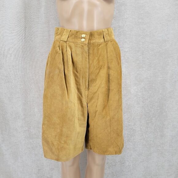 Suede Trouser Shorts Pleated Paperbag Culottes Leather Vintage Golden Tan - Picture 2 of 15